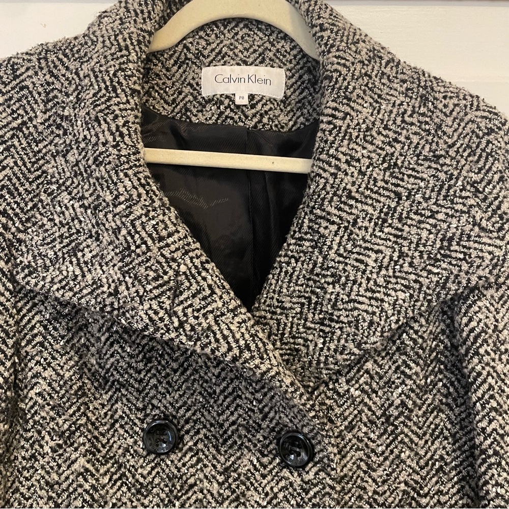 Calvin Klein Wool Blend Women's Black & White Herringbone Pea Coat